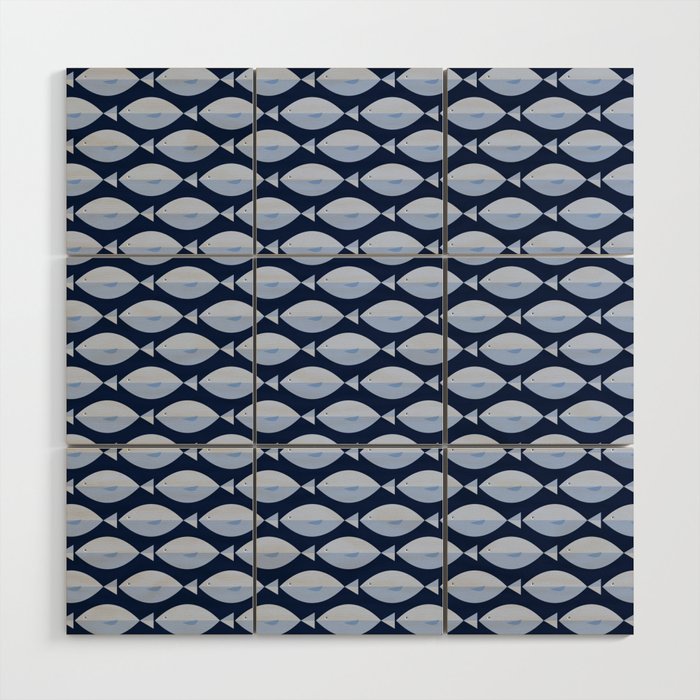 Sleepy Light Blue Fish in a Nautical Navy Blue Sea Wood Wall Art Gallery Image 1