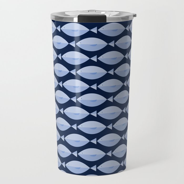 Sleepy Light Blue Fish in a Nautical Navy Blue Sea Travel Mug Gallery Image 1