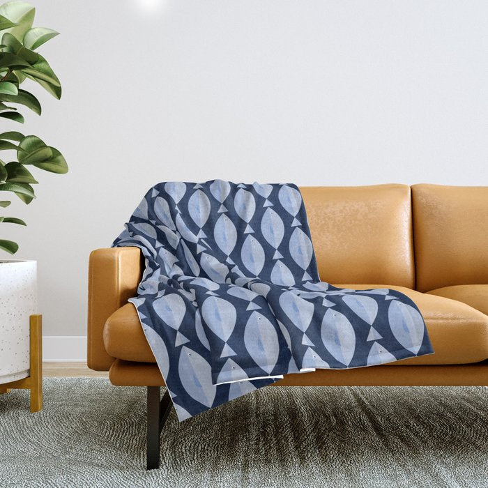 Sleepy Light Blue Fish in a Nautical Navy Blue Sea Throw Blanket Gallery Image 1