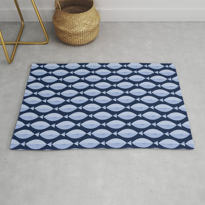 Sleepy Light Blue Fish in a Nautical Navy Blue Sea Rug Gallery Image 1
