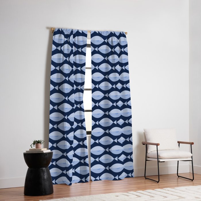 Sleepy Light Blue Fish in a Nautical Navy Blue Sea Window Curtain Gallery Image 2