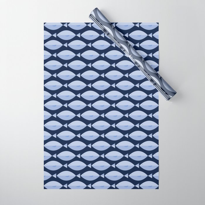 Sleepy Light Blue Fish in a Nautical Navy Blue Sea Wrapping Paper Gallery Image 1