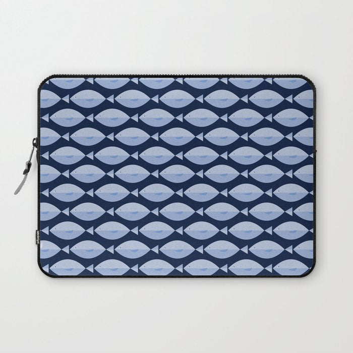 Sleepy Light Blue Fish in a Nautical Navy Blue Sea Laptop Sleeve Gallery Image 1