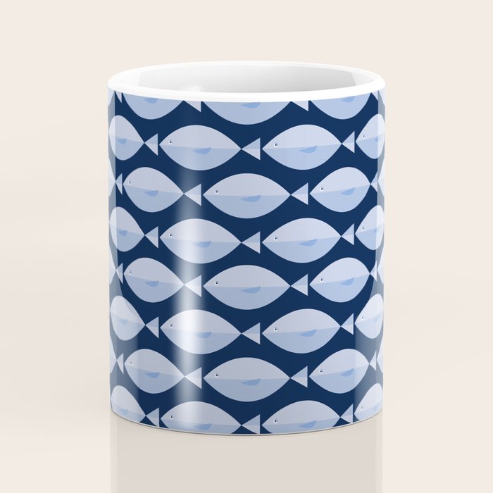 Sleepy Light Blue Fish in a Nautical Navy Blue Sea Coffee Mug Gallery Image 4