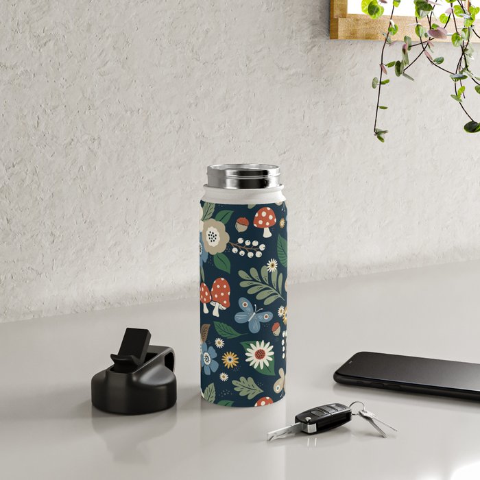 Woodland Forest Flowers - Navy Blue Water Bottle Gallery Image 5