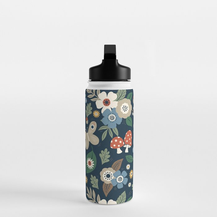 Woodland Forest Flowers - Navy Blue Water Bottle Gallery Image 3