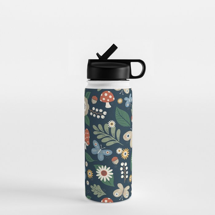 Woodland Forest Flowers - Navy Blue Water Bottle Gallery Image 1