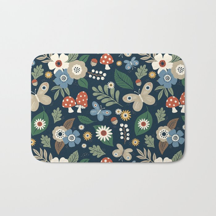 Woodland Forest Flowers - Navy Blue Bath Mat Gallery Image 1