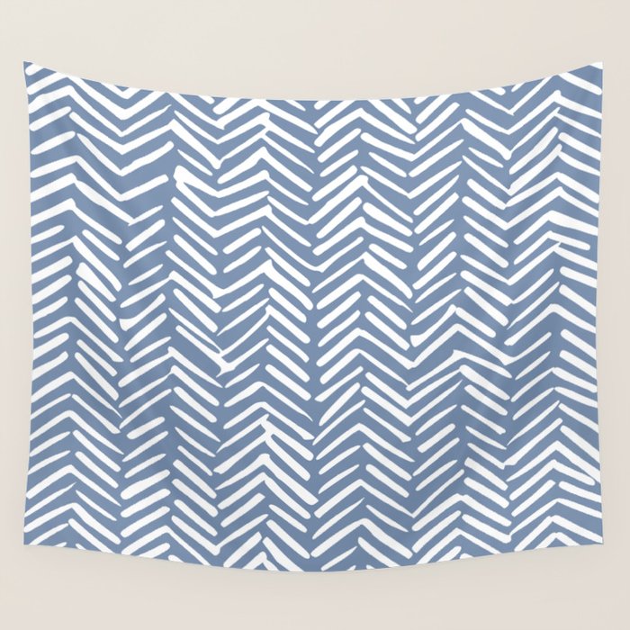 Abstract Herringbone Pattern, Rustic, Blue and White Wall Tapestry Gallery Image 1