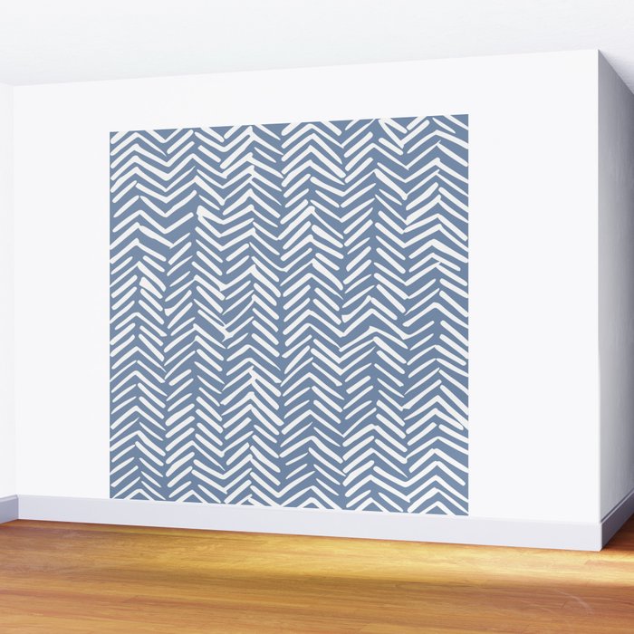Abstract Herringbone Pattern, Rustic, Blue and White Wall Mural Gallery Image 2