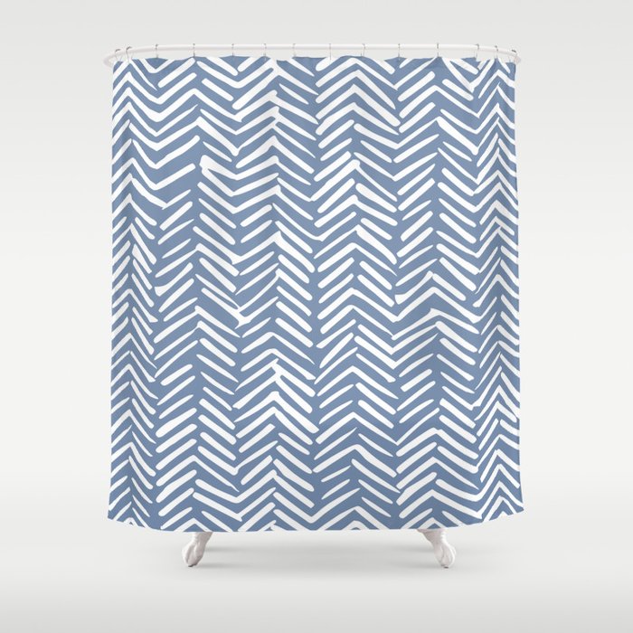 Abstract Herringbone Pattern, Rustic, Blue and White Shower Curtain Gallery Image 1
