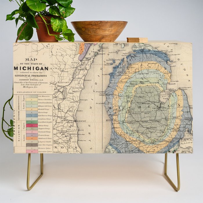 Vintage Michigan Geology Map (1873) Credenza Gallery Image 1
