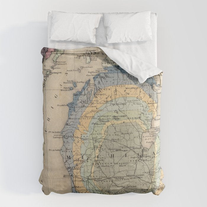 Vintage Michigan Geology Map (1873) Duvet Cover Gallery Image 1