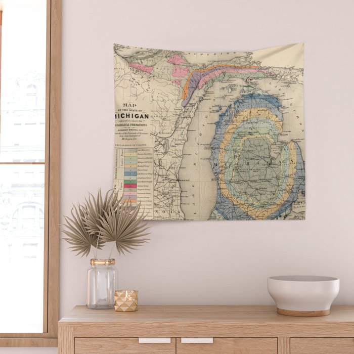 Vintage Michigan Geology Map (1873) Wall Tapestry Gallery Image 2