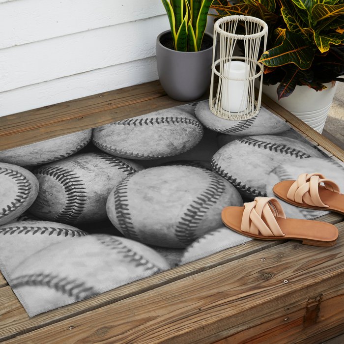 Baseballs Black & White Graphic Illustration Design Outdoor Rug Gallery Image 2