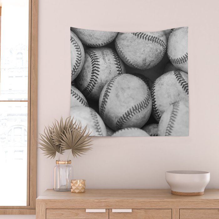 Baseballs Black & White Graphic Illustration Design Wall Tapestry Gallery Image 2