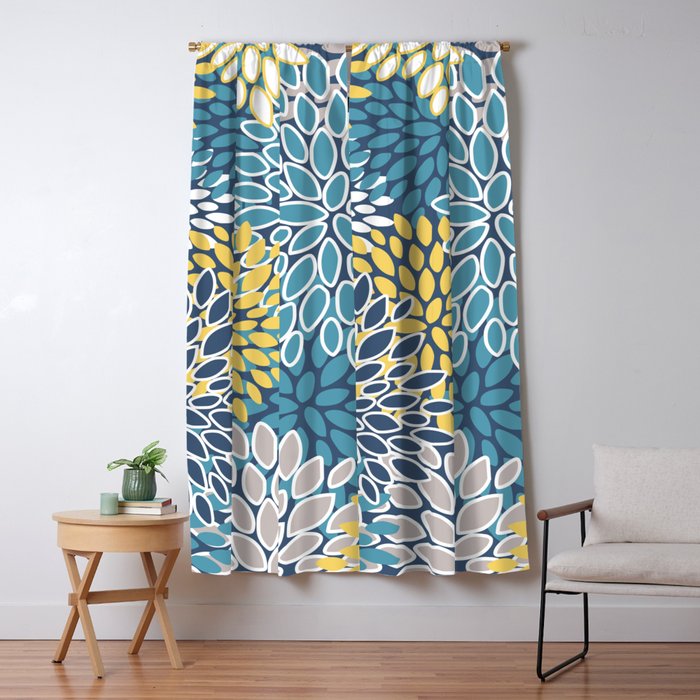 Modern, Floral Prints, Blue and Yellow Window Curtain Gallery Image 1
