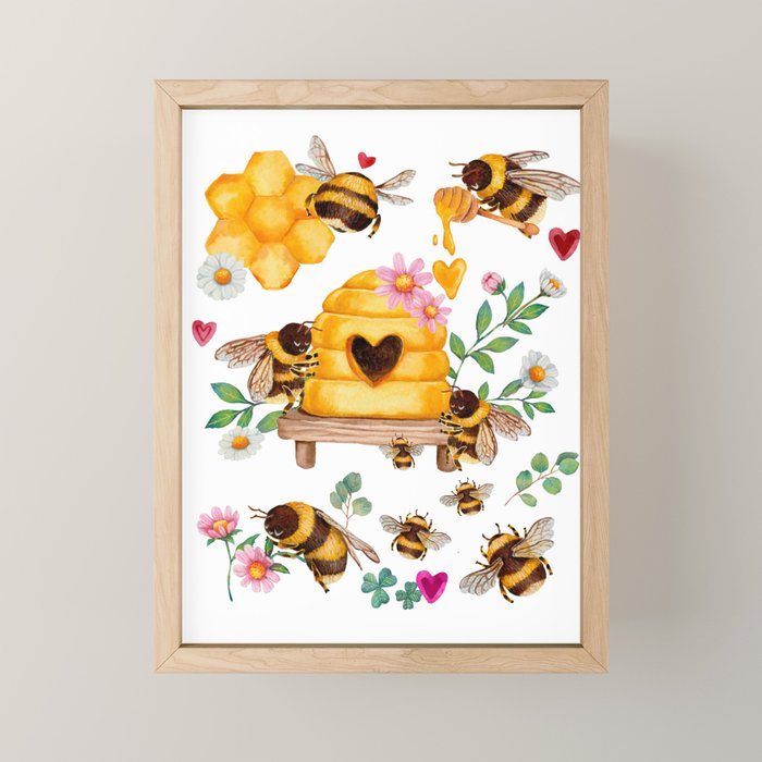 Bees with Flowers and Honey Mini Art Print Gallery Image 1