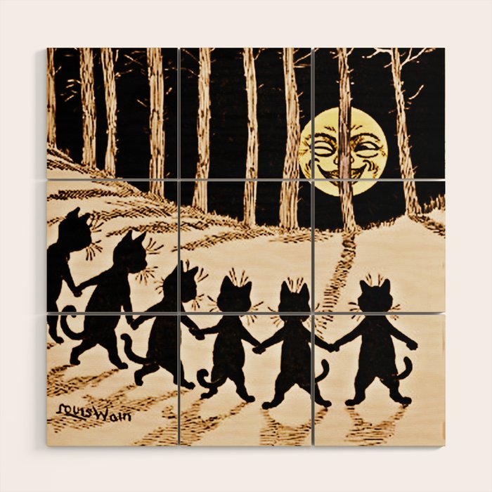 Louis Wain Black Cats & A Full Moon Wood Wall Art Gallery Image 1