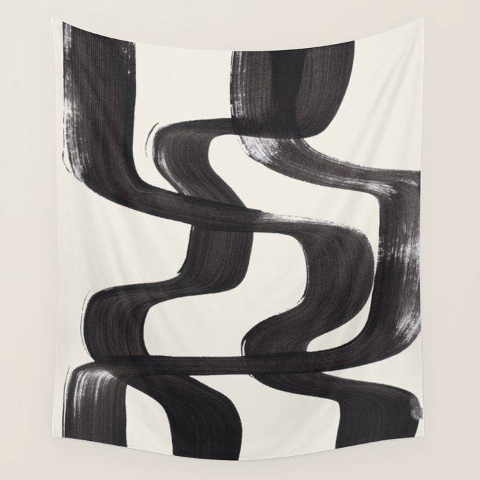 Mid Century Modern Minimalist Abstract Art Brush Strokes Black & White Ink Art Ripple Lines Wall Tapestry Gallery Image 4