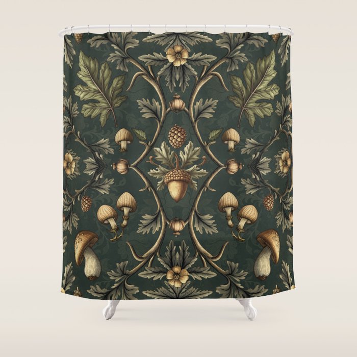 William Morris Style Forest Tales Cabincore Pattern Green Shower Curtain Gallery Image 1