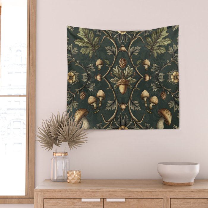 William Morris Style Forest Tales Cabincore Pattern Green Wall Tapestry Gallery Image 2