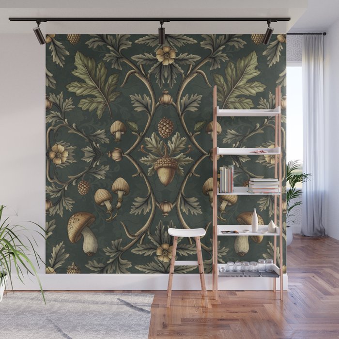 William Morris Style Forest Tales Cabincore Pattern Green Wall Mural Gallery Image 1