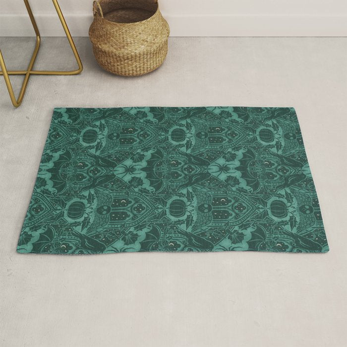 Gothic Halloween Damask - terrifying teal Rug Gallery Image 1