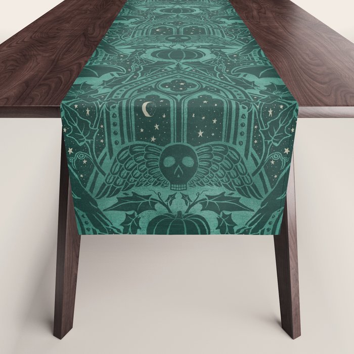 Gothic Halloween Damask - terrifying teal Table Runner Gallery Image 1
