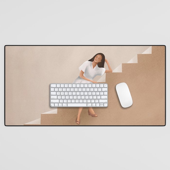 Girl Thinking on a Stairway Desk Mat Gallery Image 1