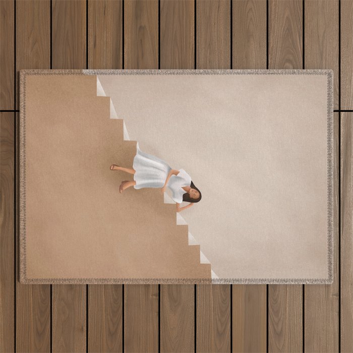 Girl Thinking on a Stairway Outdoor Rug Gallery Image 1