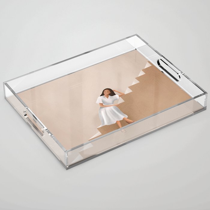 Girl Thinking on a Stairway Acrylic Tray Gallery Image 1