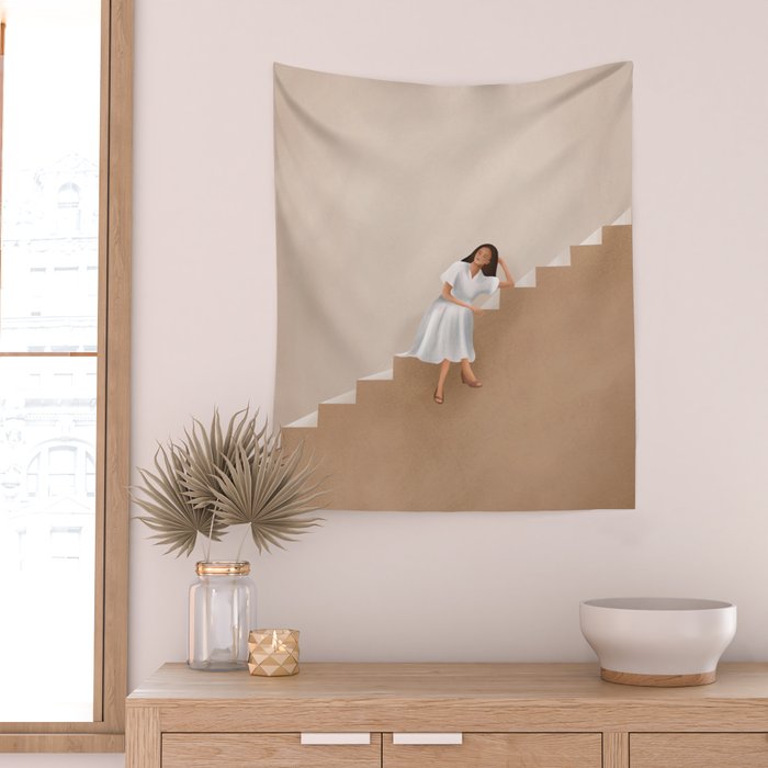 Girl Thinking on a Stairway Wall Tapestry Gallery Image 2