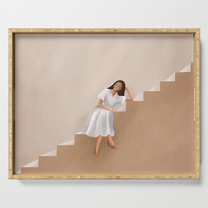 Girl Thinking on a Stairway Serving Tray Gallery Image 1