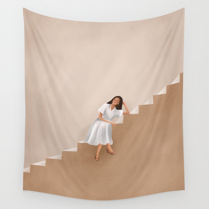 Girl Thinking on a Stairway Wall Tapestry Gallery Image 4