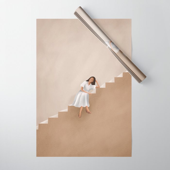 Girl Thinking on a Stairway Wrapping Paper Gallery Image 1