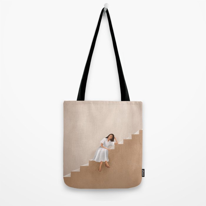 Girl Thinking on a Stairway Tote Bag Gallery Image 2