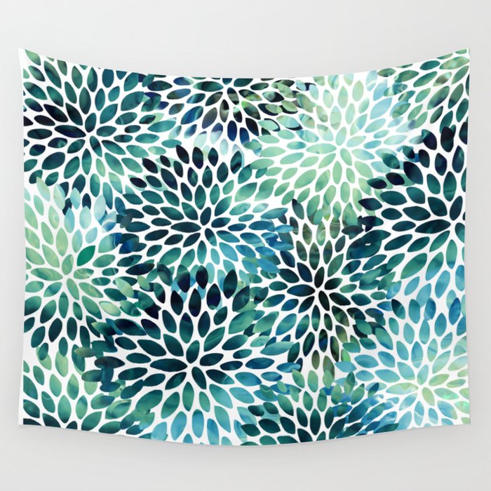 Floral Watercolor, Navy, Blue Teal, Abstract Watercolor Wall Tapestry Gallery Image 4