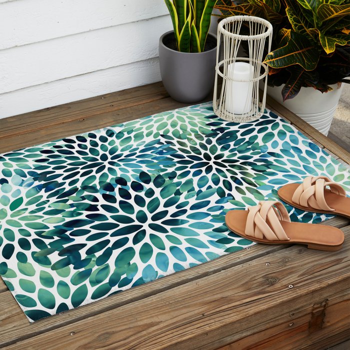 Floral Watercolor, Navy, Blue Teal, Abstract Watercolor Outdoor Rug Gallery Image 2