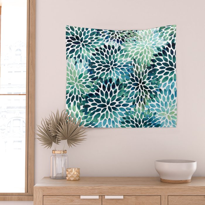 Floral Watercolor, Navy, Blue Teal, Abstract Watercolor Wall Tapestry Gallery Image 2