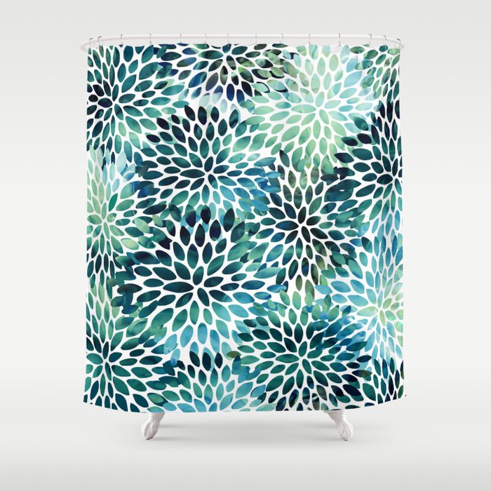 Floral Watercolor, Navy, Blue Teal, Abstract Watercolor Shower Curtain Gallery Image 1