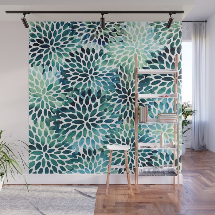 Floral Watercolor, Navy, Blue Teal, Abstract Watercolor Wall Mural Gallery Image 1
