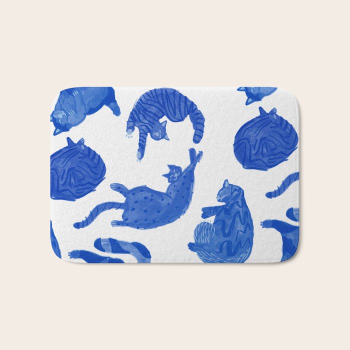 Sleepy Cozy Kitty Cats in Royal Blue & White Bath Mat Gallery Image 1