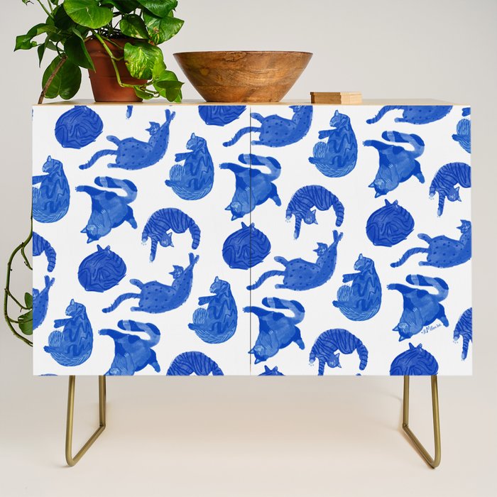 Sleepy Cozy Kitty Cats in Royal Blue & White Credenza Gallery Image 1