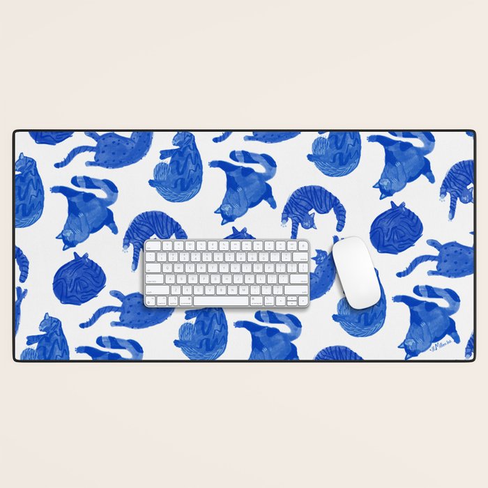 Sleepy Cozy Kitty Cats in Royal Blue & White Desk Mat Gallery Image 1