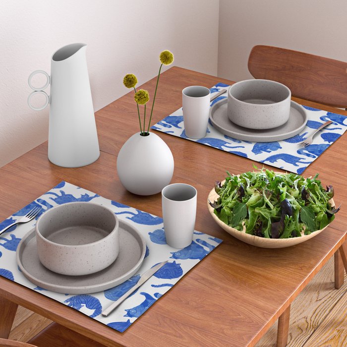 Sleepy Cozy Kitty Cats in Royal Blue & White Placemat Gallery Image 2
