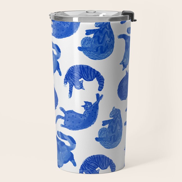 Sleepy Cozy Kitty Cats in Royal Blue & White Travel Mug Gallery Image 2