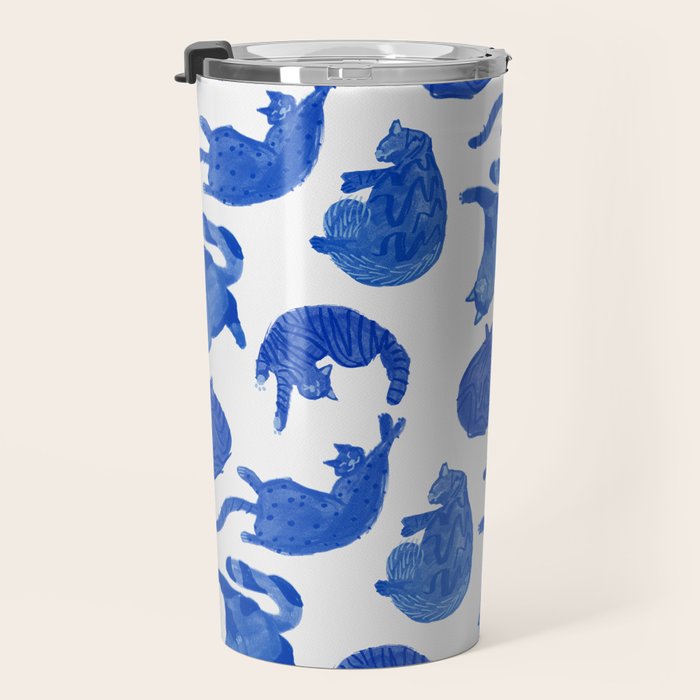 Sleepy Cozy Kitty Cats in Royal Blue & White Travel Mug Gallery Image 3