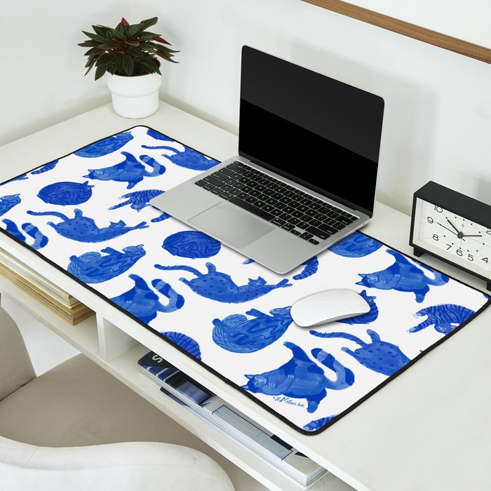 Sleepy Cozy Kitty Cats in Royal Blue & White Desk Mat Gallery Image 2