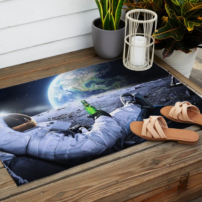 Astronaut on the Moon with beer Outdoor Rug Gallery Image 2
